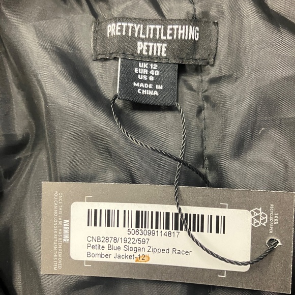 Pretty Little Thing Petite Blue Slogan Zipper Racer Bomber Jacket - Picture 3 of 3